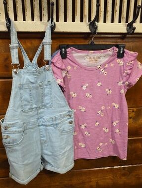 3 Pc Set, 2 Vigoss Pink Floral Tees with Light Blue Denim Overalls